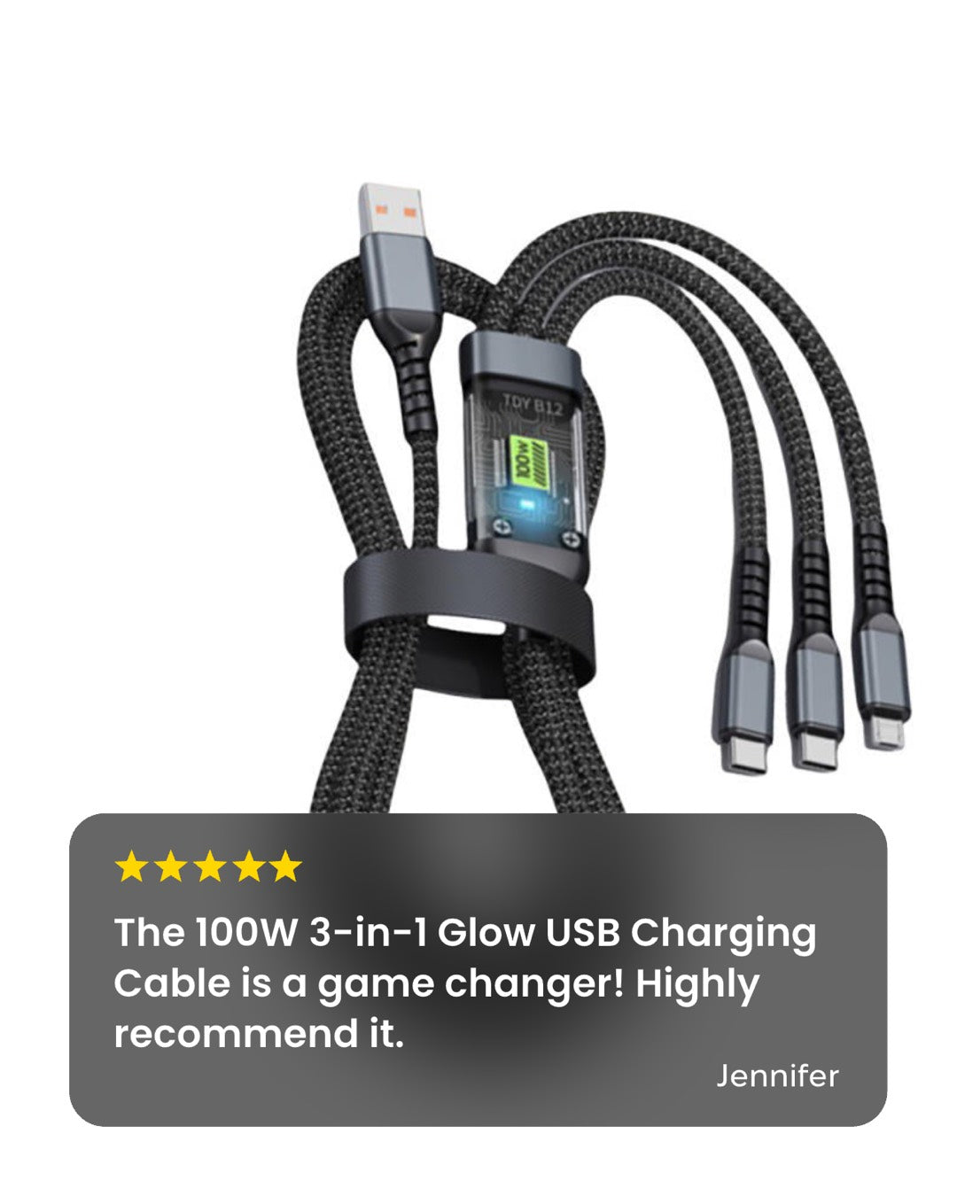 100W 3-in-1 Glow USB Charging Cable – USB-C, Micro-USB & Lightning (1.2 m Nylon Braided) - Everyday essentials