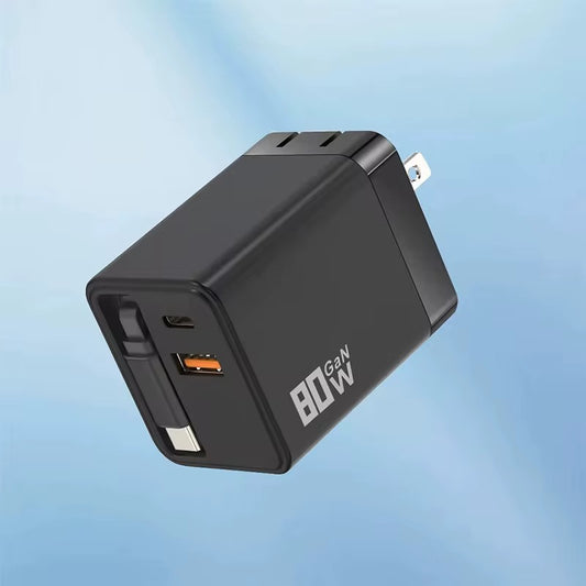 80W Fast Charging Adapter with Two Ports for USB USBC & Retractable Type C Data Power Cable for Efficient Charging - Everyday essentials