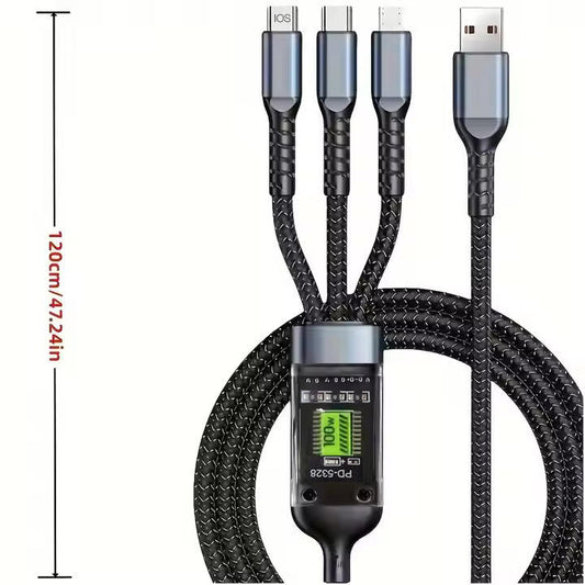 Multi-device charging cable with multiple connectors and a digital display on a white background