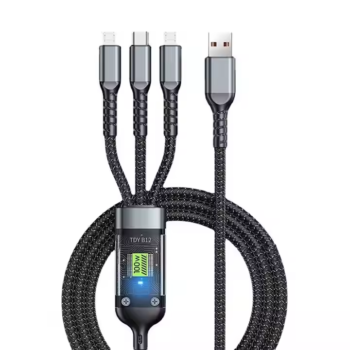 100W 3-in-1 Glow USB Charging Cable – USB-C, Micro-USB & Lightning (1.2 m Nylon Braided) - Everyday essentials
