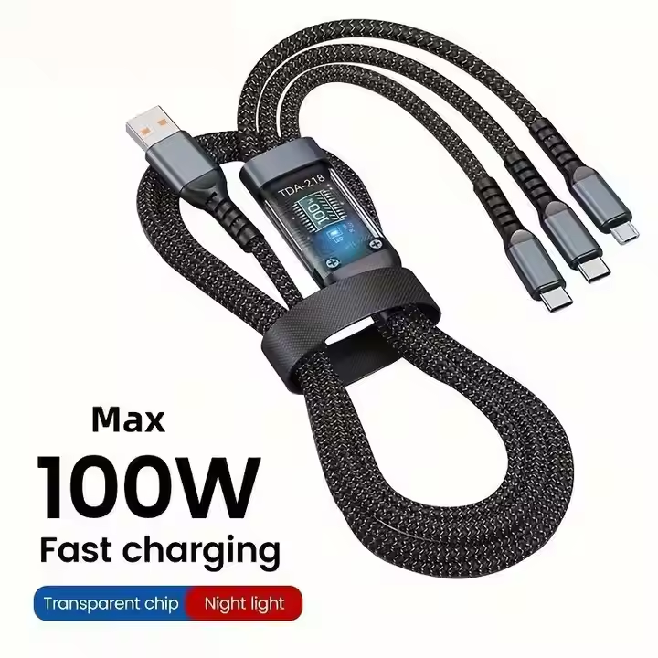 100W 3-in-1 Glow USB Charging Cable – USB-C, Micro-USB & Lightning (1.2 m Nylon Braided) - Everyday essentials