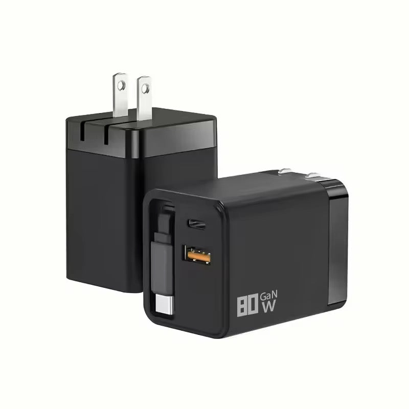 80W Fast Charging Adapter with Two Ports for USB USBC & Retractable Type C Data Power Cable for Efficient Charging - Everyday essentials