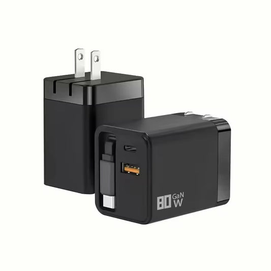 80W Fast Charging Adapter with Two Ports for USB USBC & Retractable Type C Data Power Cable for Efficient Charging - Everyday essentials
